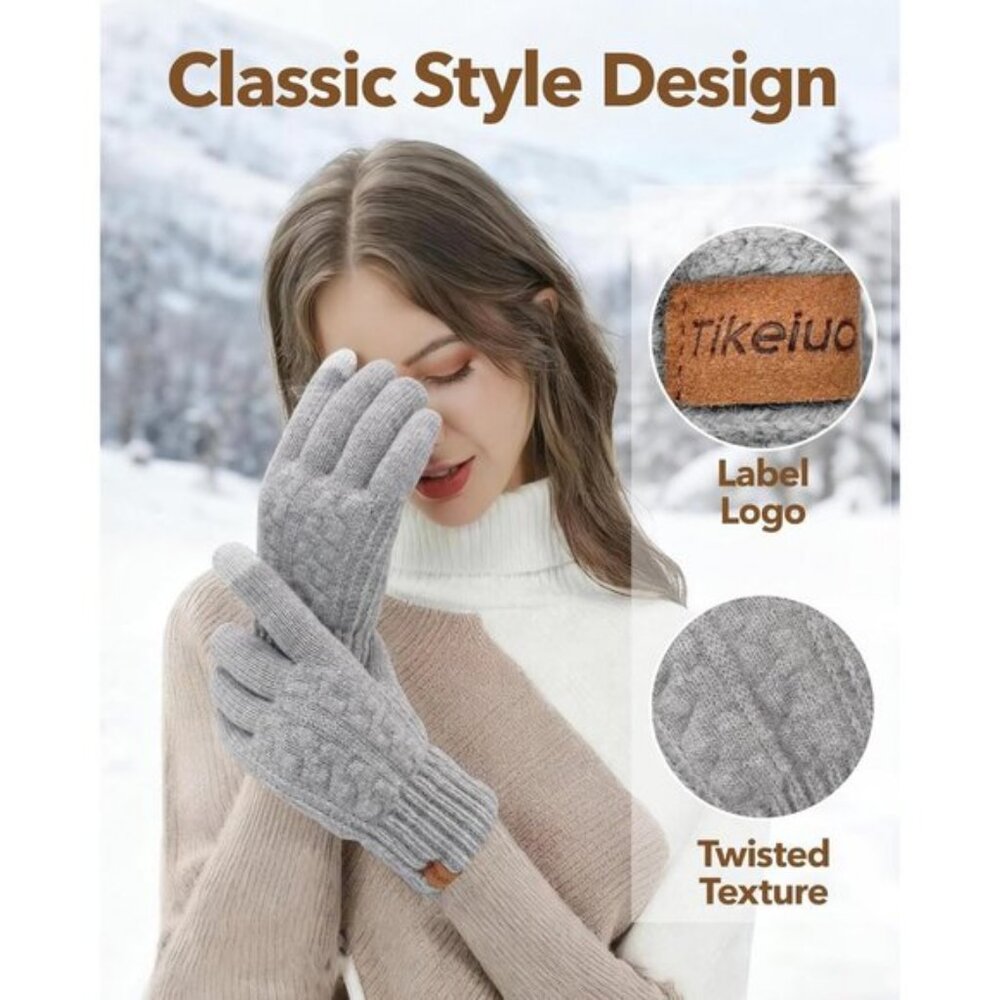 ⚡Women & Men Black+Black Winter Touch Screen Warm Thick Fleece Lined Knit Gloves - Picture 4 of 7